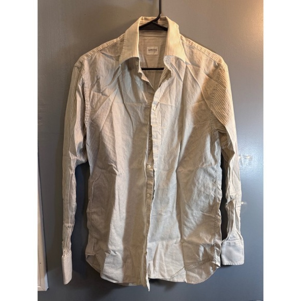 Armani‎ Collezioni Mens Striped Cotton Button Down Shirt White Blue 15.5 39 R